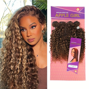 4 Bundles With 4x4 T Part Closure Curly Human Hair Ombre Brown Blonde Human Hair Kinky Curly Remy Hair Packet Hair 4/27 Piano Color