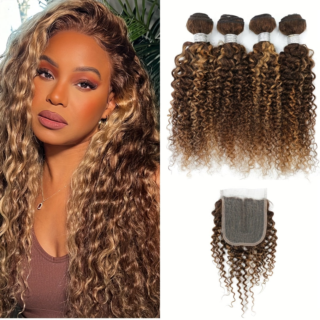 4 Bundles With 4x4 T Part Closure Curly Human Hair Ombre Brown Blonde Human Hair Kinky Curly Remy Hair Packet Hair 4/27 Piano Color