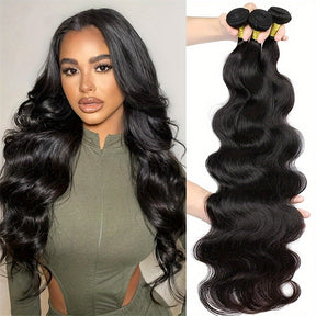 1pcs Natural Black Brazilian Body Wave Human Hair Bundles - 10-30 Inches - Long-Lasting Weave Extensions for Stunning Style and Volume