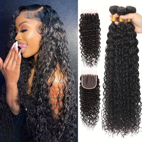 Water Wave Human Hair Bundles With Closure Brazilian Virgin Hair Weaves(24 26 28+20) Closure And Bundles Wet And Wavy Human Hair 3 Bundles And 4x4 Lace Closure Natural Color