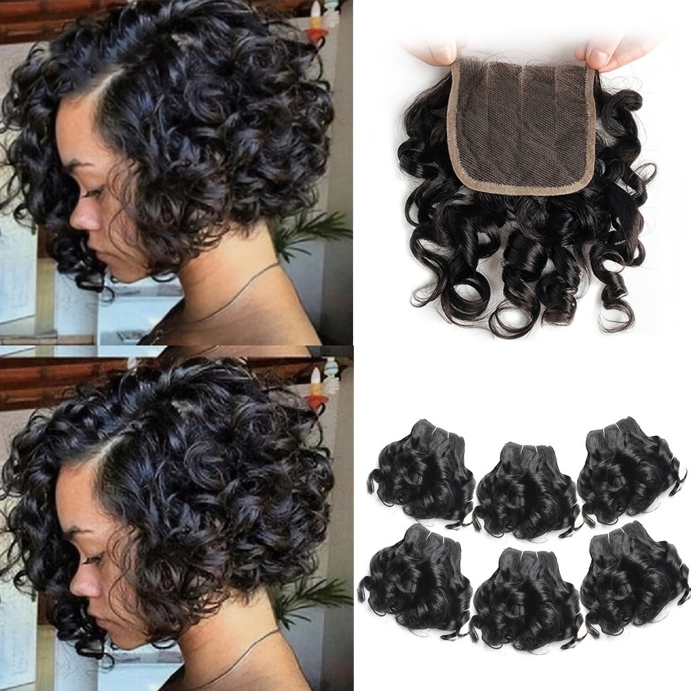 Curly Human Hair Bundles With 4*4 Closure 100% Human Hair Bundles Brazilian Hair Weave Bundles 6 Pcs/Lot Color 1B/4/1B/30/1B/33/1B/99J Curly Hair